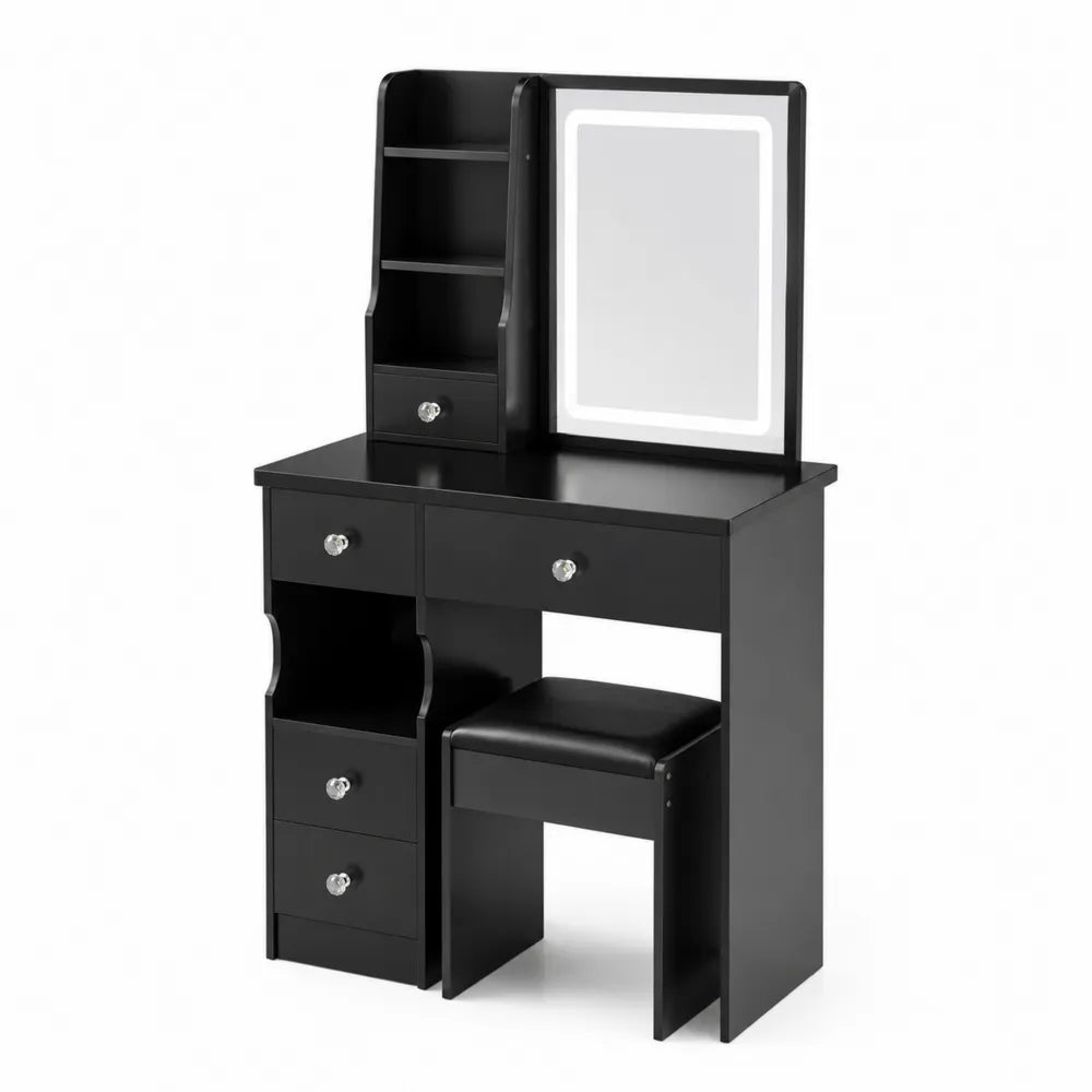 Toeletta in Legno MDF con Specchio LED e Sgabello Nero