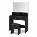 Toeletta con Specchio a LED in Legno e Sgabello Nero
