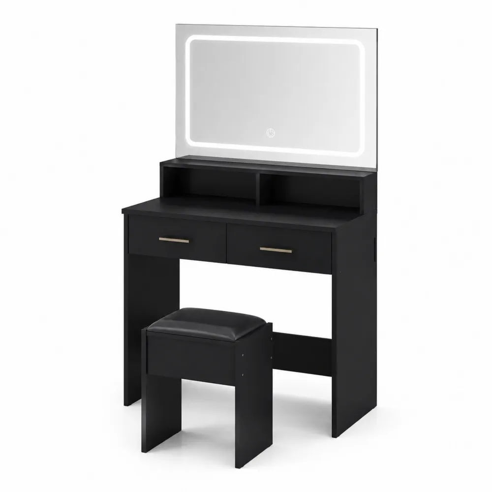 Toeletta con Specchio a LED in Legno e Sgabello Nero