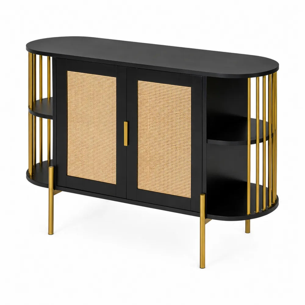 Credenza Ovale in Legno Nero e Oro con Ante in Rattan
