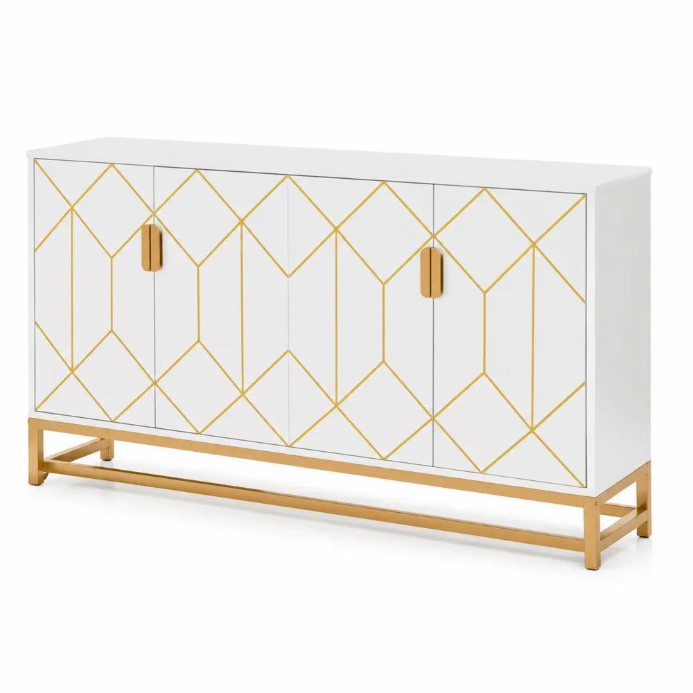 Credenza in Legno Bianco e Metallo Dorato con Motivo Geometrico
