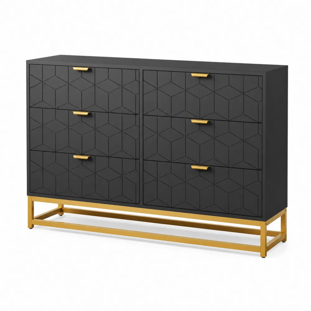 Cassettiera 6 cassetti in legno MDF nero con base e maniglie in acciaio dorato
