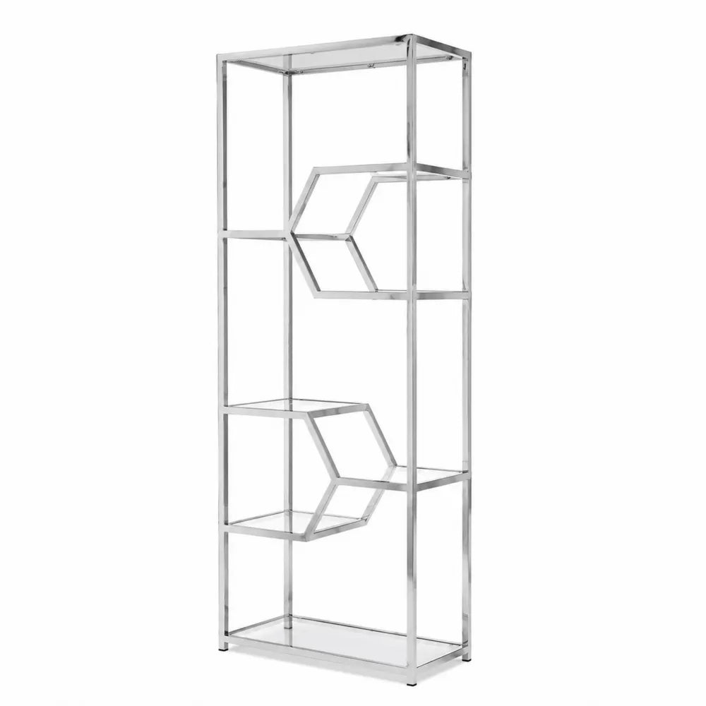 Scaffale Esagonale Metallo Cromato con Ripiani in Vetro